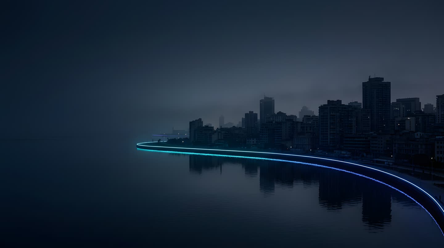 A line of cyan light curving along a dark waterfront below a city skyline at night